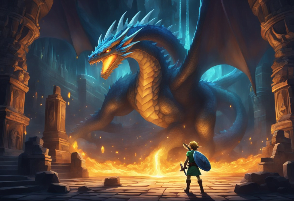 Link faces a towering, fire-breathing dragon in the dark, ominous dungeon. The room is filled with glowing crystals and ancient ruins