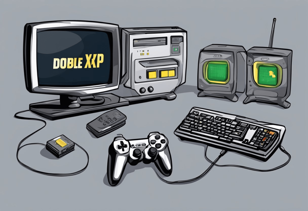 A video game console with "Double XP Activated" displayed on the screen, surrounded by gaming controllers and a timer counting down the duration of the event