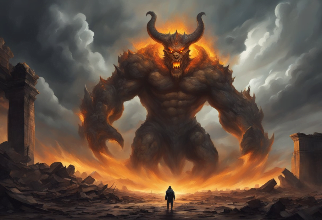 A massive, fiery demon looms over a desolate, apocalyptic landscape, surrounded by crumbling ruins and ominous storm clouds in the sky