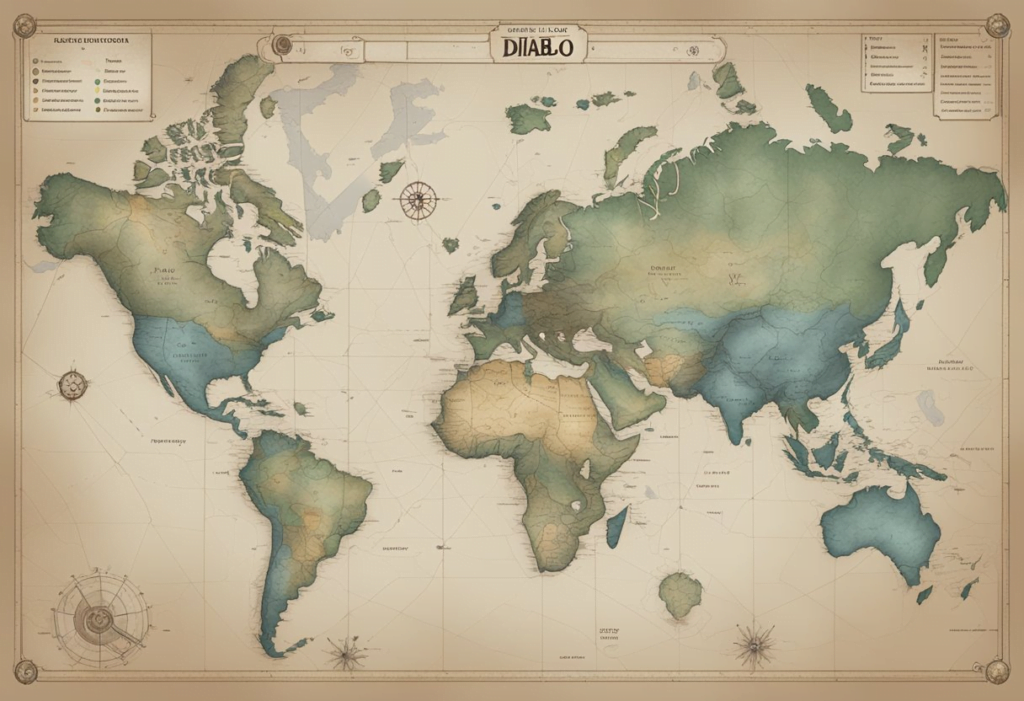 A digital interface displaying a world map with marked locations of powerful bosses in Diablo 4. The tracker includes detailed instructions for installation and updates