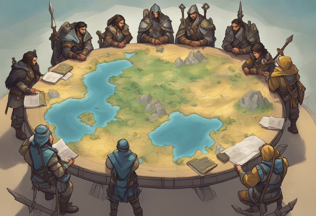 A group of adventurers strategize around a world boss tracker, preparing for a diablo 4 encounter