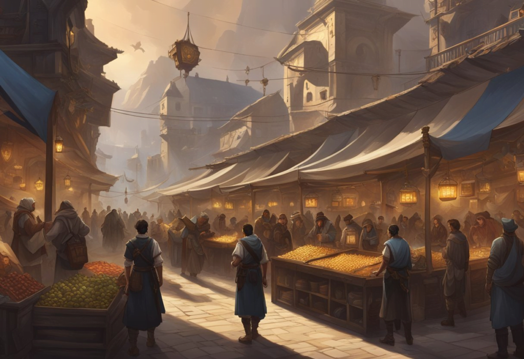 A bustling marketplace with traders exchanging goods, while a large bulletin board displays the world boss tracker for Diablo 4