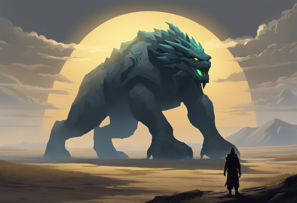 A large, ancient creature looms over a desolate landscape, its imposing figure casting a shadow over the land. A glowing symbol hovers above its head, indicating its status as a world boss