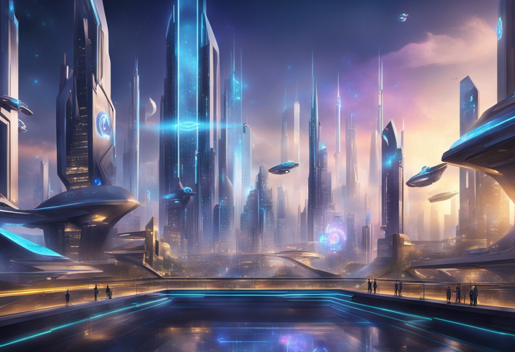 A futuristic city skyline with holographic game logos hovering above each platform's headquarters. Bright lights and sleek architecture convey a sense of advanced technology