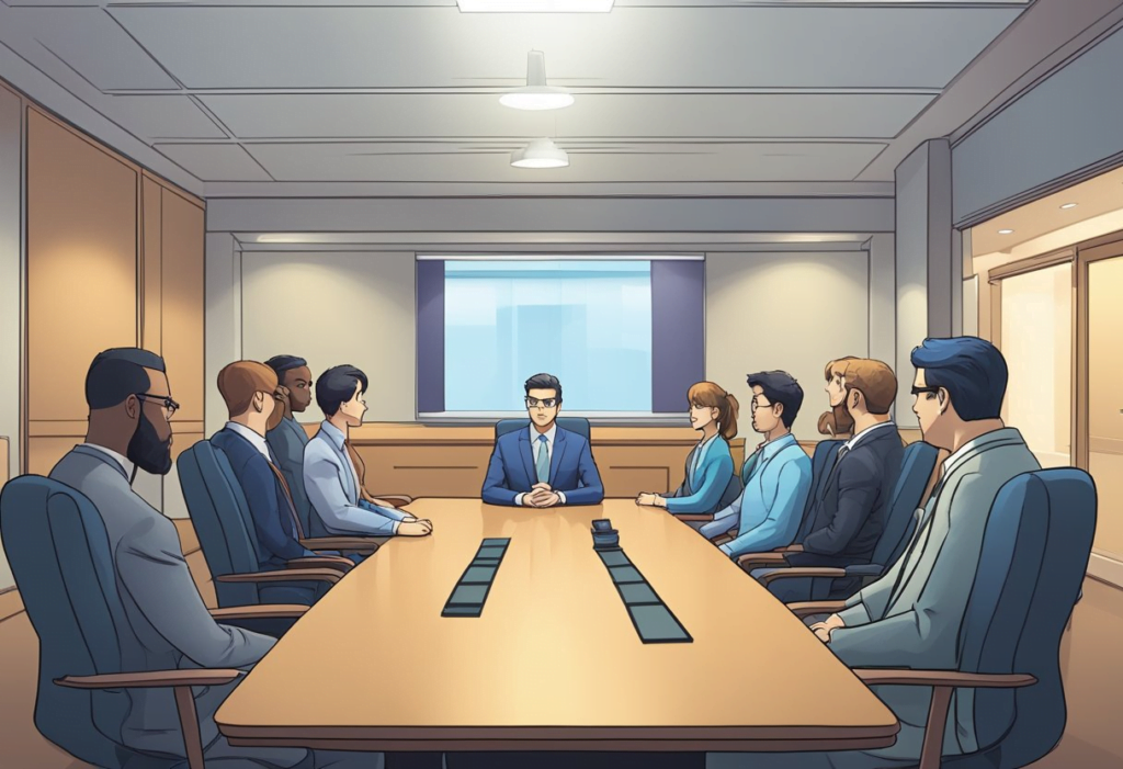 Game Freak responds to Palworld with legal and ethical considerations. The scene shows a meeting room with executives discussing the response