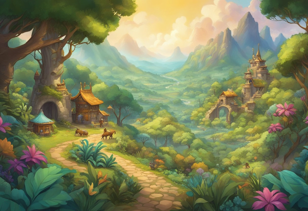 The lush, vibrant landscape of Palworld teeming with fantastical creatures and bustling with activity as players immerse themselves in the game