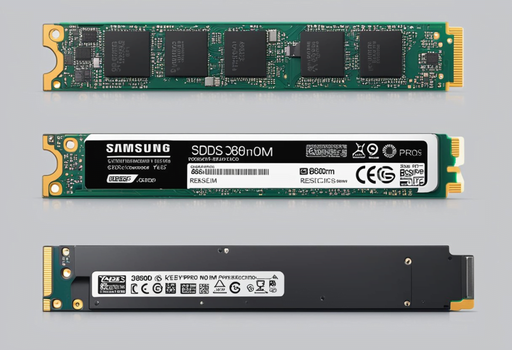 Two Samsung SSDs side by side, with labels "980 m.2" and "980 Pro". Text below reads "Key Specifications Comparison"