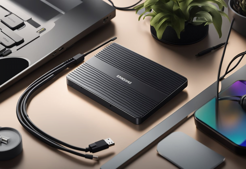 A sleek Samsung 980 Pro SSD lies on a clean, modern desk, surrounded by high-tech gadgets and cables. The SSD's metallic finish catches the light, showcasing its compact and powerful design