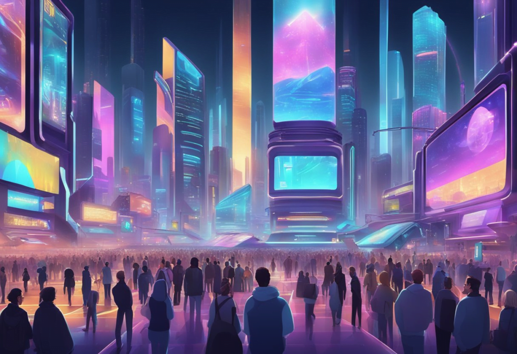 A futuristic cityscape with holographic billboards displaying various game genres. A crowd of people eagerly awaits the release of the latest Breakdown game