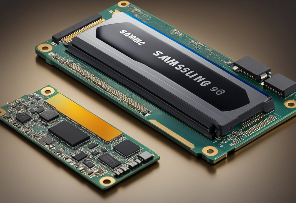 A sleek Samsung 980 m.2 SSD sits next to a powerful Samsung 980 Pro SSD, both showcasing their impressive specs