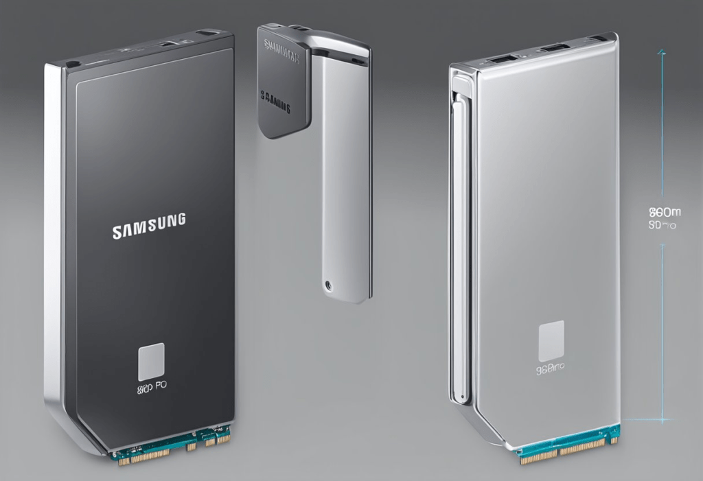 Two Samsung SSDs side by side, labeled "980 M.2" and "980 Pro." Specs listed next to each, with sleek, modern design