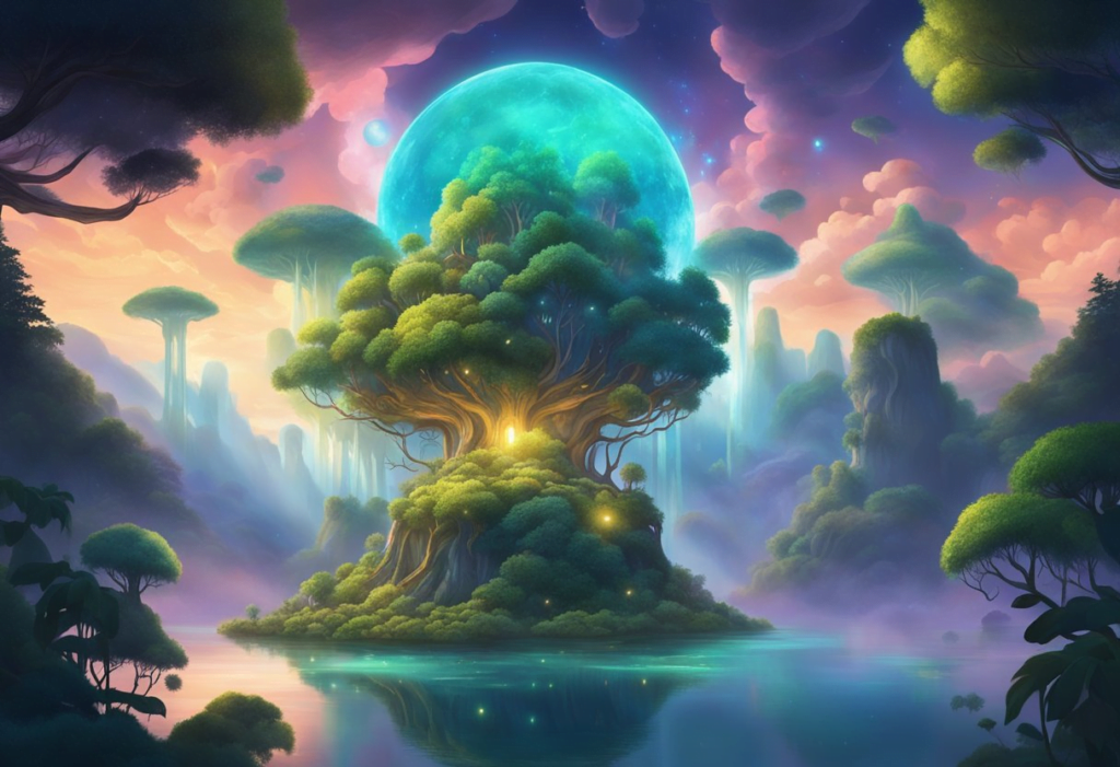 A mystical forest with glowing flora and floating islands in the sky. The atmosphere is filled with an otherworldly energy