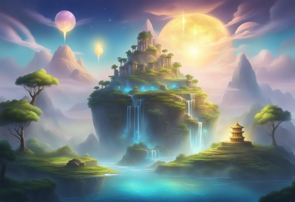 A mystical landscape with floating islands and glowing crystals, surrounded by swirling mists and ancient ruins