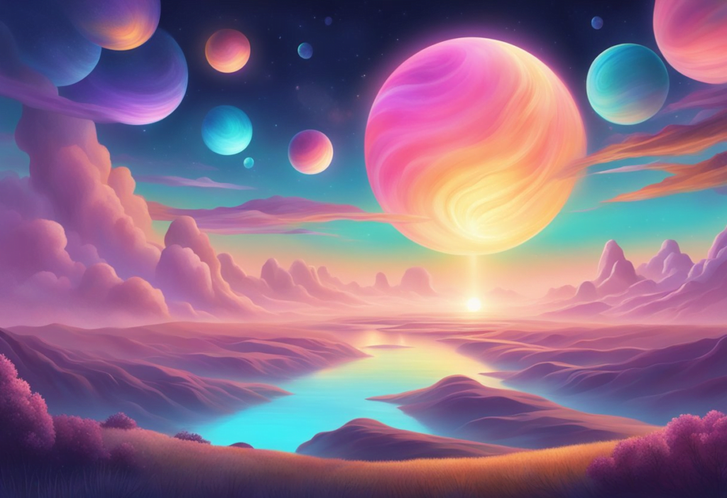 A vast, otherworldly landscape with swirling, iridescent skies and glowing, floating orbs emitting ethereal sounds