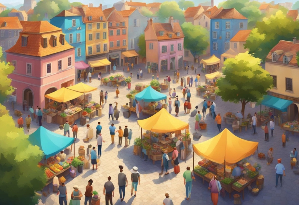 A vibrant village square with colorful buildings, bustling market stalls, and diverse inhabitants mingling and conversing under a bright, sunny sky