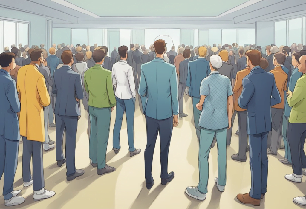 A character standing alone, facing away from a group of party members with a dismissive gesture
