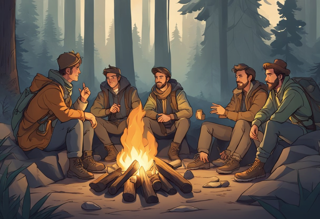 A group of adventurers gather around a campfire, with one member gesturing to leave while others look on
