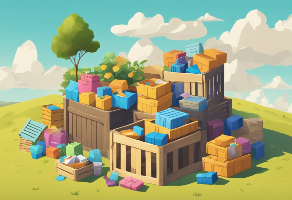 Various items scatter across a vibrant landscape, including crates, boxes, and bags. A clear drop rate system is evident, with some items more common than others