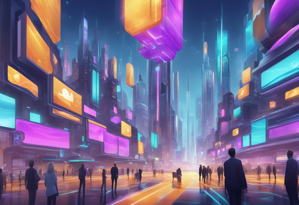 A vibrant, futuristic cityscape with digital billboards displaying "Optimizing Collection Strategies" and "Collection Drop Rate" in the virtual world of Palworld