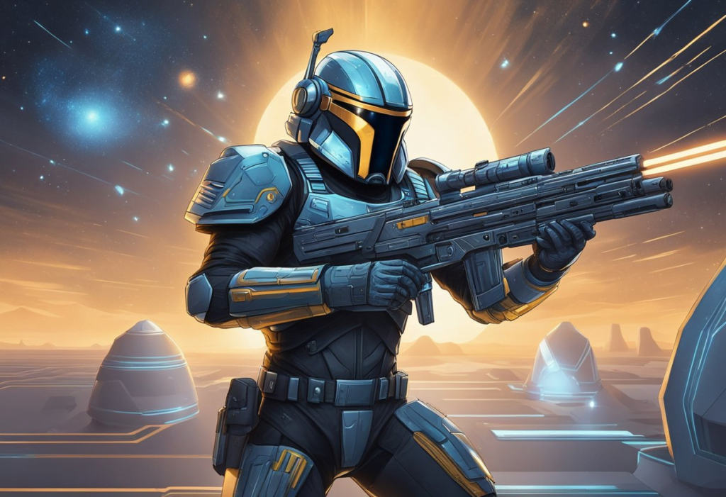 A starfield backdrop frames a bounty hunter in sleek, futuristic armor. The armor is adorned with intricate details and equipped with advanced weaponry