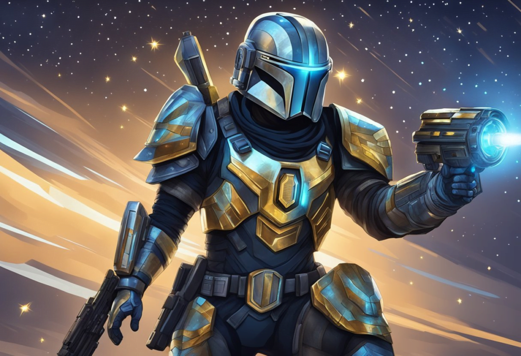 A sleek, metallic bounty hunter armor adorned with glowing starfield patterns