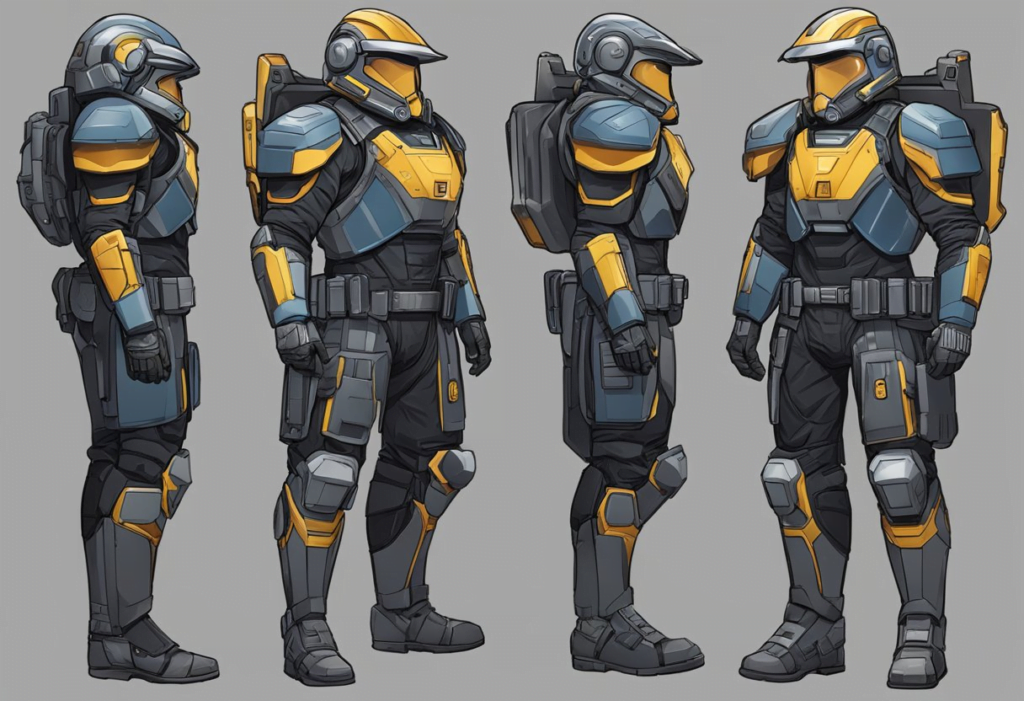 A starfield bounty hunter armor with advanced functionality and features