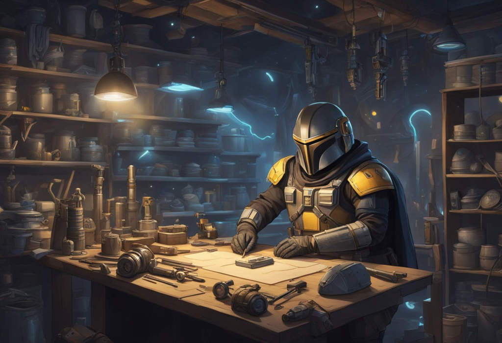 A starfield bounty hunter acquires and crafts armor in a dimly lit workshop, surrounded by tools and materials
