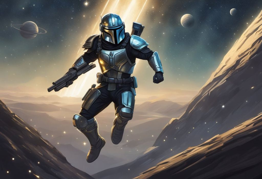 A bounty hunter in sleek, metallic armor navigates through a starfield, seeking their next target with a sense of purpose and determination