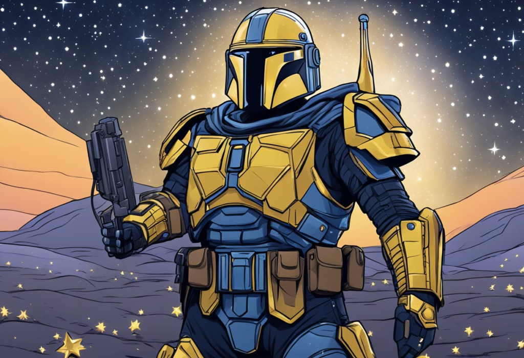 A starry night sky with a bounty hunter's armor in the foreground