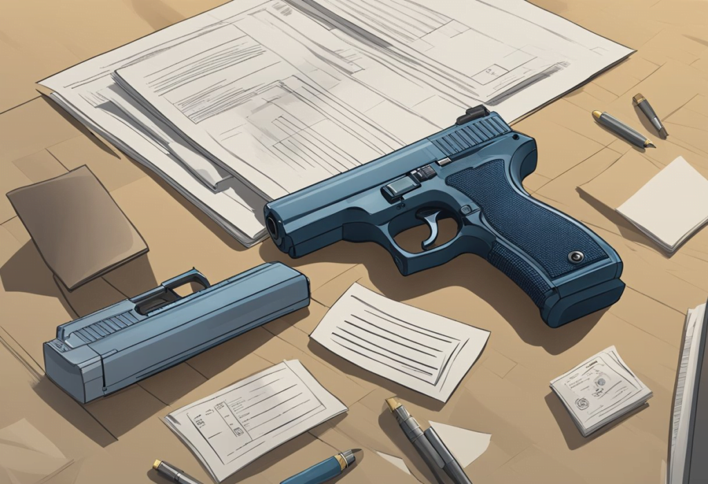 A makeshift handgun is displayed next to legal documents in Palworld