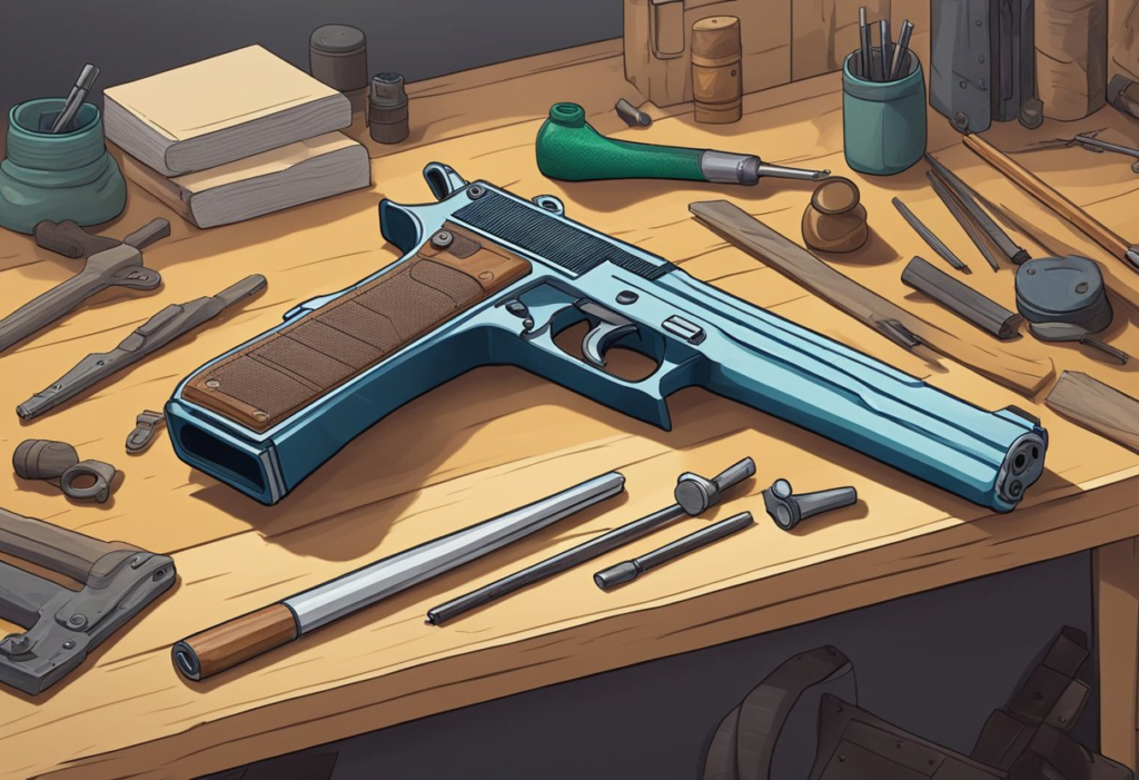 A handcrafted makeshift handgun sits on a workbench in the Palworld, surrounded by crafting tools and materials