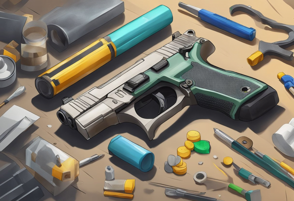 A close-up of a makeshift handgun in Palworld, surrounded by various crafting materials and tools
