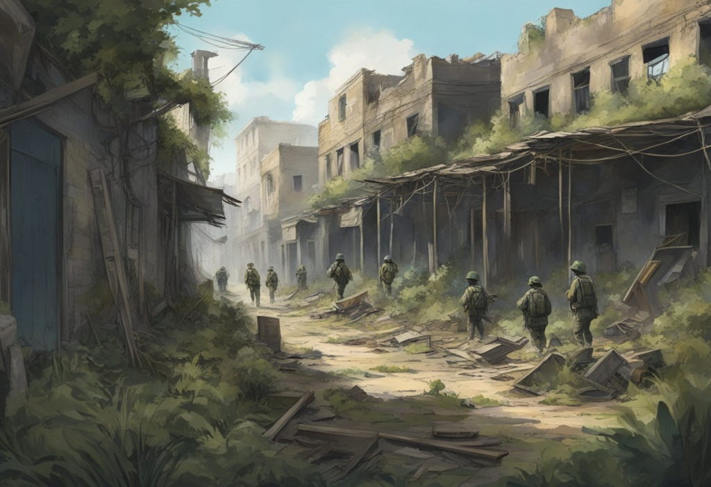 In Sector 5 Slums, remnants of the Seventh Infantry lay scattered among dilapidated buildings and overgrown vegetation. The once proud soldiers now stand as a haunting reminder of the area's turbulent past