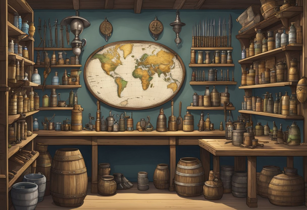 A table displaying various weapons and armor, with a map of locations pinned to the wall. Various supplies and potions are neatly organized on shelves