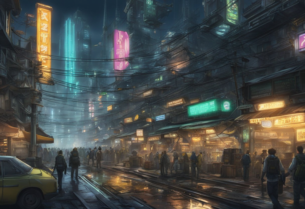 The bustling streets of Midgar Sector 1 are filled with dilapidated buildings and neon signs, with the sound of machinery and chatter filling the air