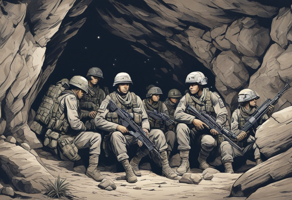 A group of Seventh Infantry members gather in a hidden cave, their weapons at the ready as they prepare for battle. The dimly lit space is filled with tension as they await their next mission