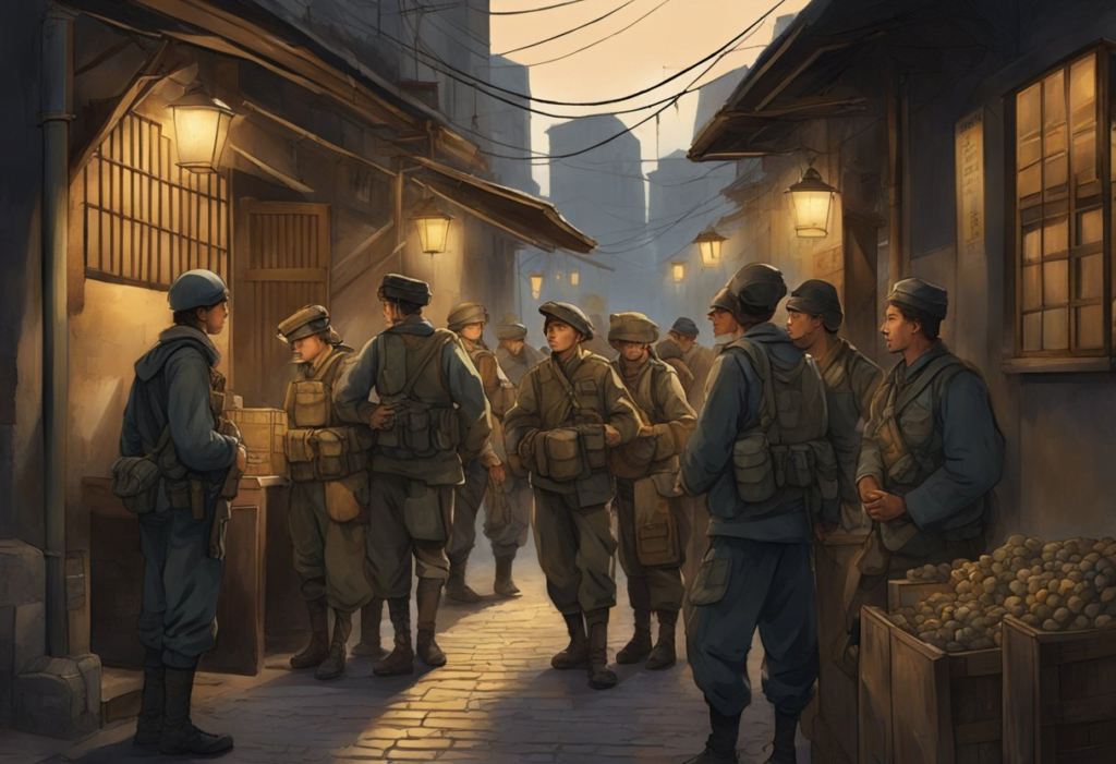 In the bustling Wall Market, the Seventh Infantry members gather in a dimly lit alley, exchanging secretive glances and hushed conversations
