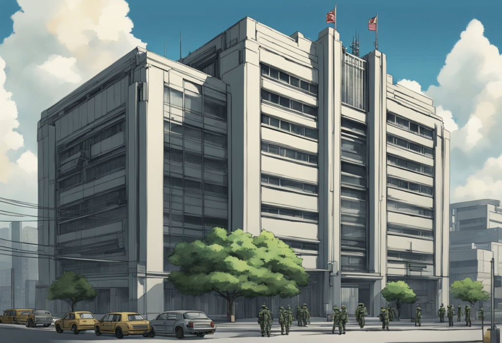 The Shinra Headquarters stands tall, with its imposing structure and sleek design. The seventh infantry members are scattered around the area, each engaged in their own tasks