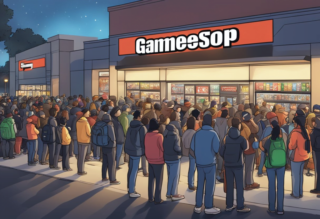 GameStop hosts a bustling midnight release event with eager customers lined up outside the store, illuminated by bright lights and buzzing with excitement