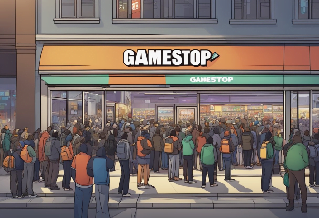 Customers line up outside GameStop at midnight, eagerly waiting for the release of a highly anticipated game. The store is brightly lit, with employees bustling inside to prepare for the event