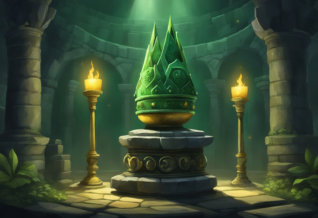 The Tonberry King's crown gleams atop a stone pedestal in a dimly lit chamber, surrounded by eerie green torchlight and ancient ruins