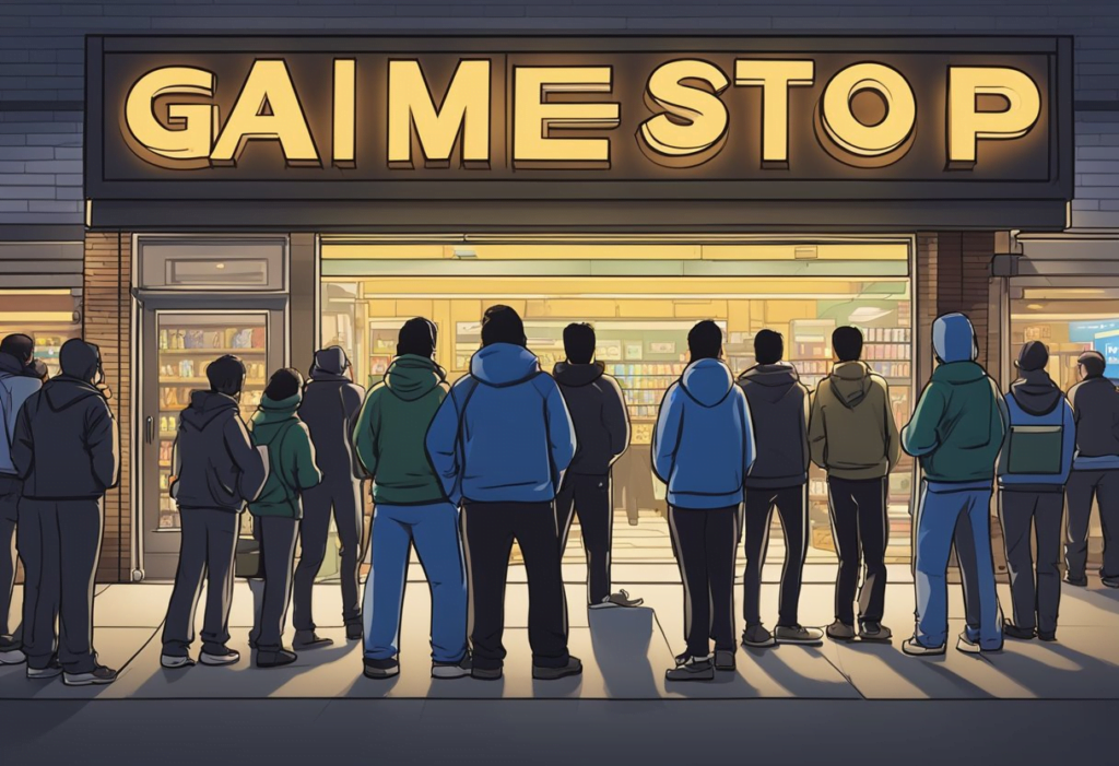 Gamestop sign illuminated at night, with a line of eager gamers waiting outside the store for a midnight game release