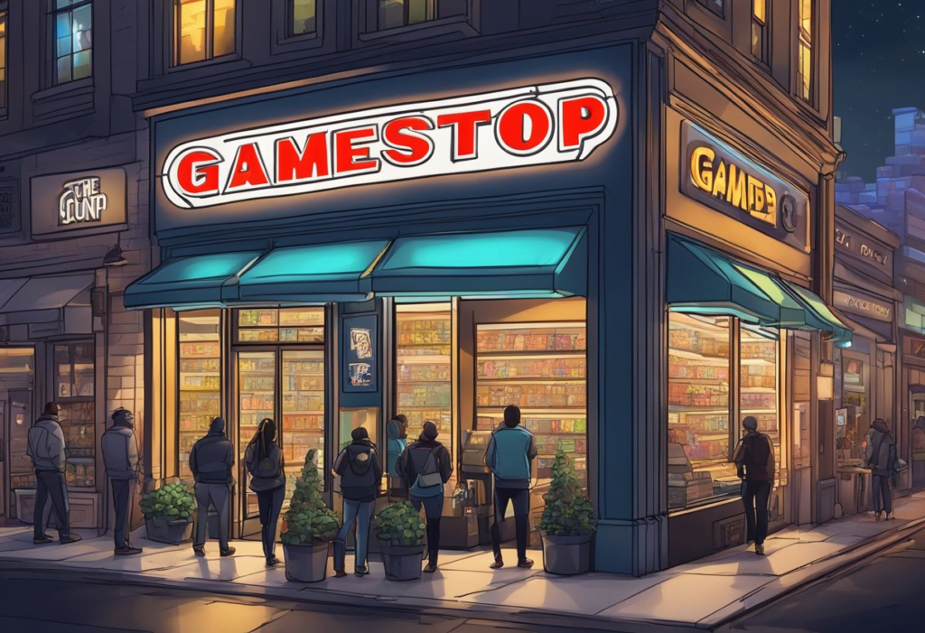 Gamestop storefront with neon sign, crowd outside at night, waiting for midnight release. Shelves of games visible through windows
