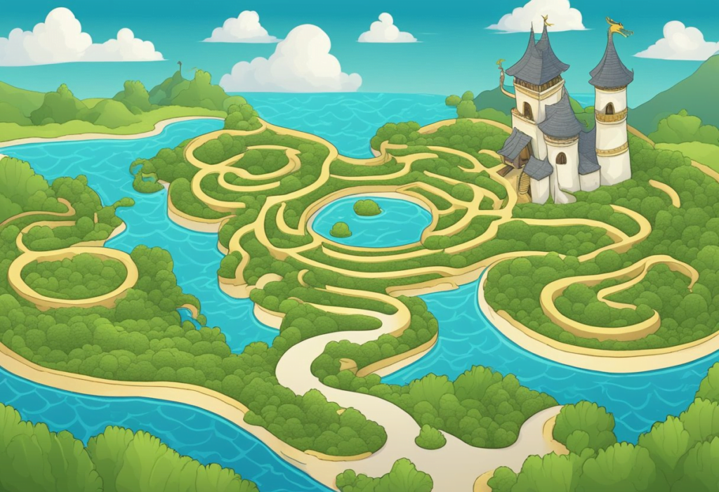 A dragon collecting maze coins on an island with intricate maze pathways
