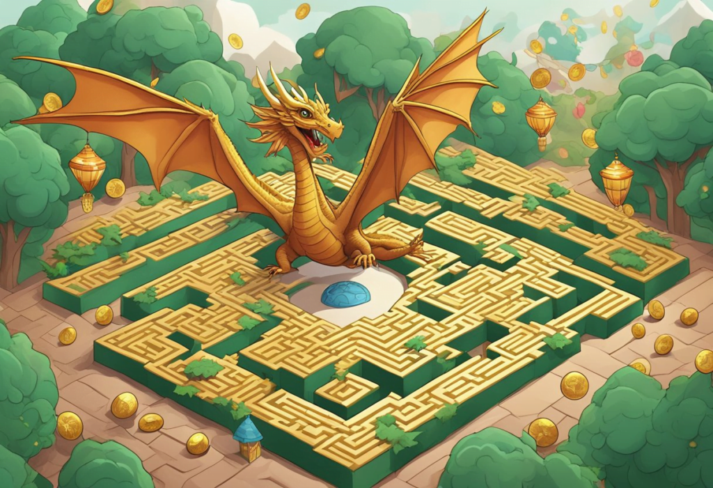 A dragon flying over a maze with coins scattered throughout, surrounded by festive decorations and special occasion items