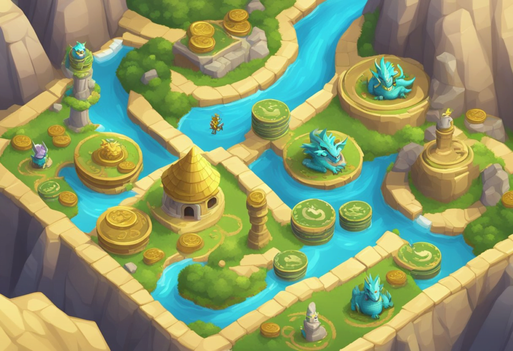Dragons collecting and managing maze coins in Dragon City. Coins being used to unlock new features and resources