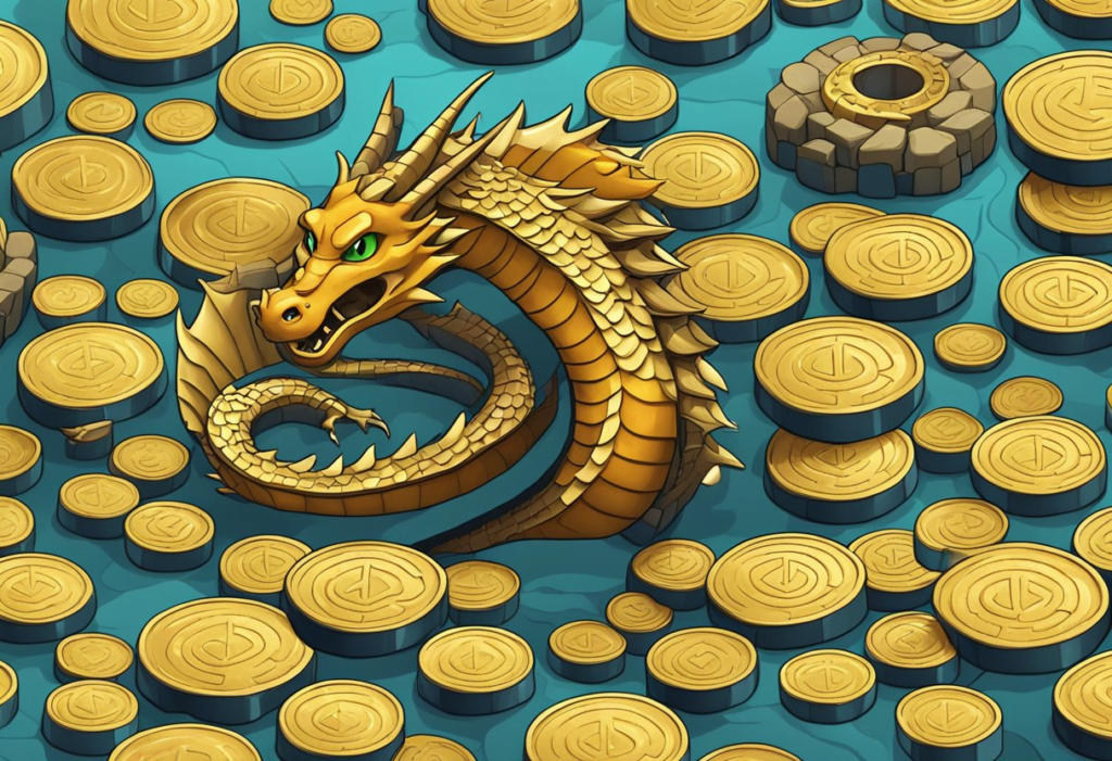 A dragon surrounded by maze coins in Dragon City, with a question mark hovering above its head