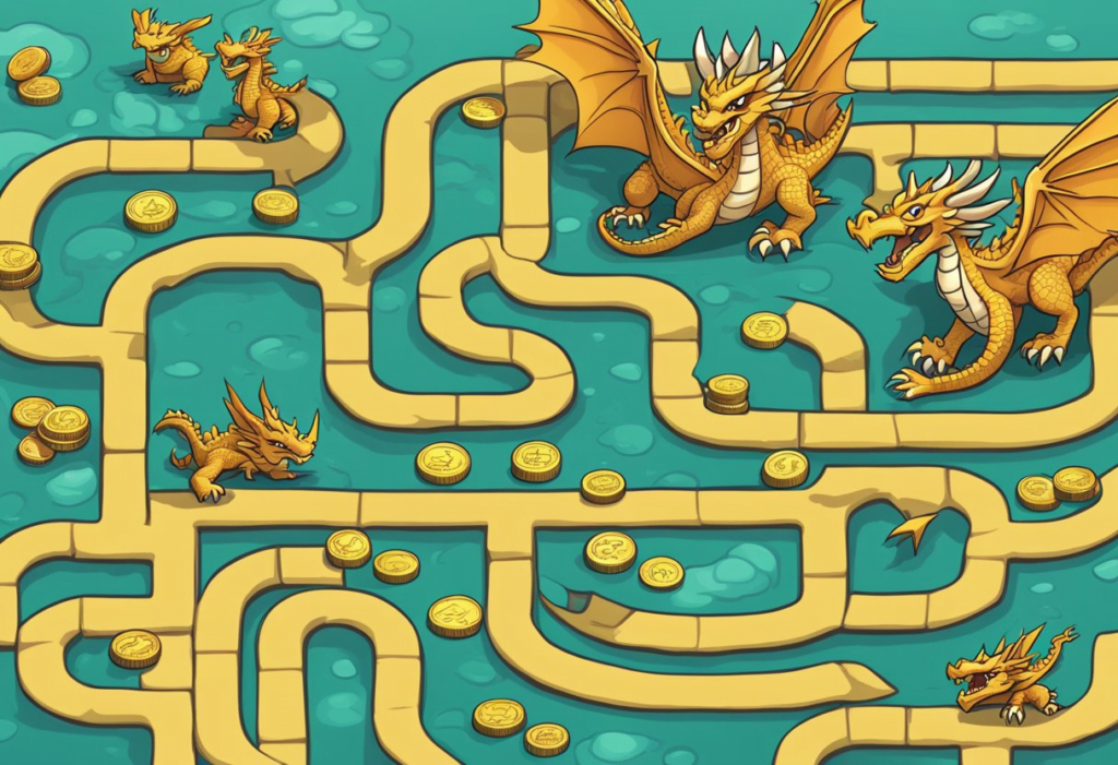 Dragons collecting maze coins in Dragon City. Coins scattered in a maze, dragons picking them up