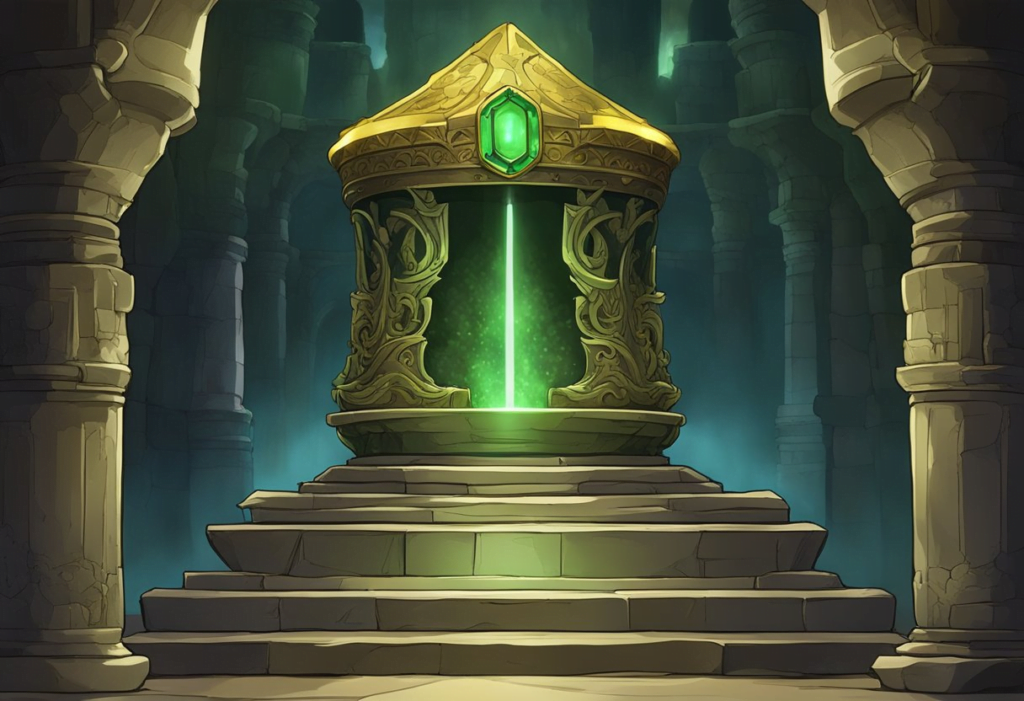 The Tonberry King's crown sits atop a gleaming pedestal, surrounded by dimly lit cavern walls. A single spotlight illuminates the precious artifact, casting a haunting glow over the ancient chamber