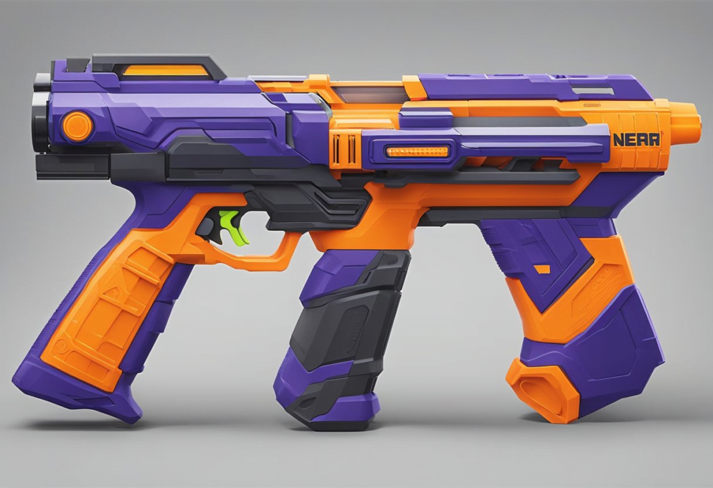 A futuristic arsenal of high-performance Nerf blasters arranged in a sleek, well-lit display. Cutting-edge designs and vibrant colors catch the eye, showcasing the best Nerf blasters of 2024